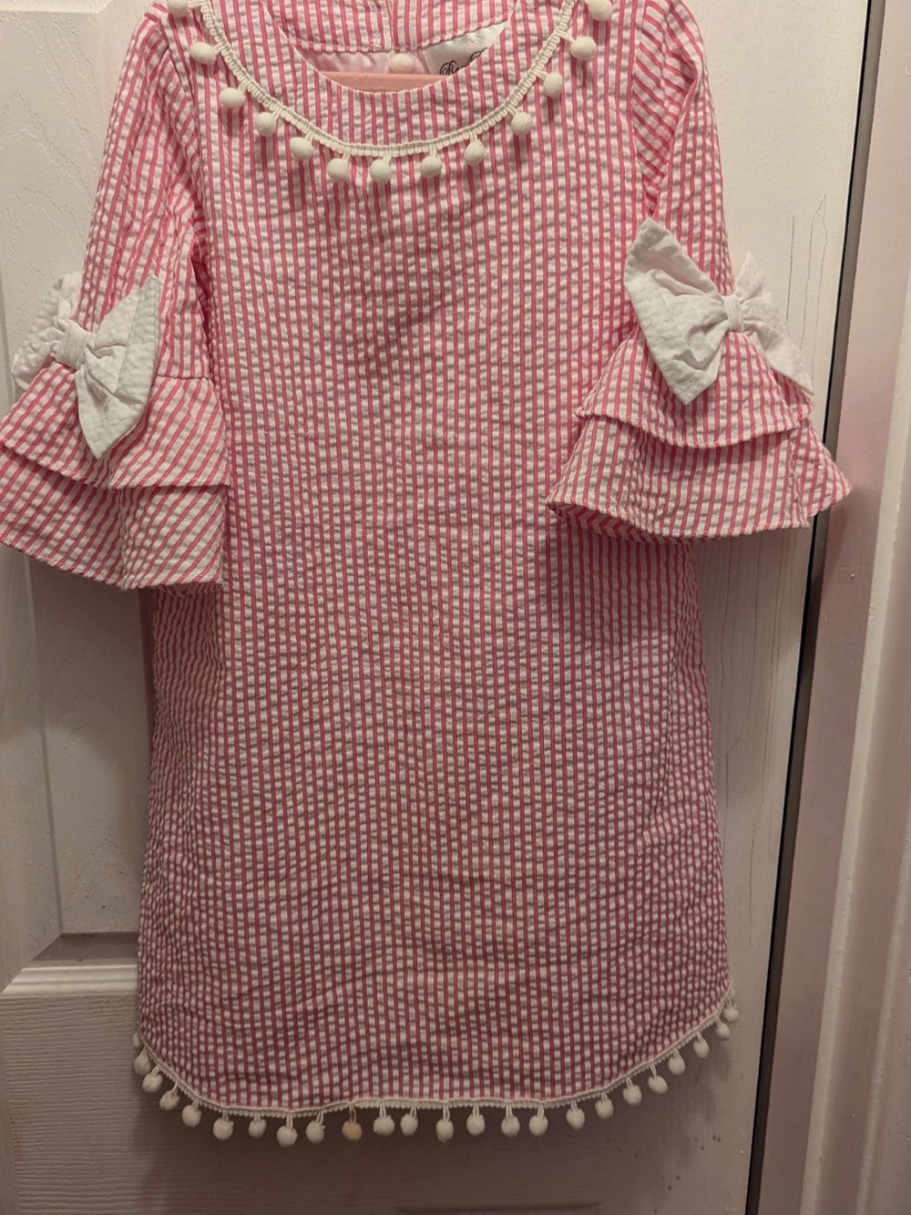 Rare Editions Pink Seersucker Dress with White Pom-Pom Trim